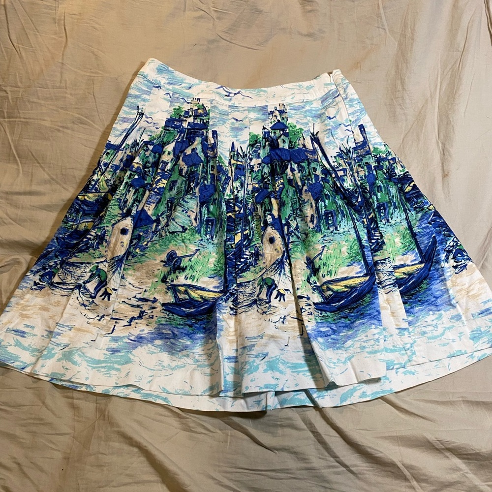 Talbots A-Line Skirt with Blue and Green Scenic Print